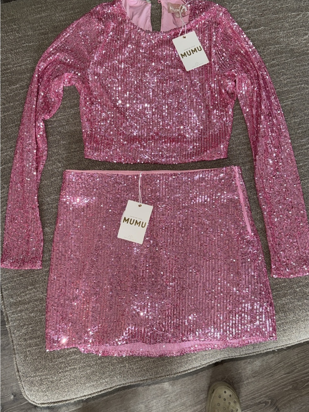 Show Me Your MuMu Pink Sequined Mini Skirt Set